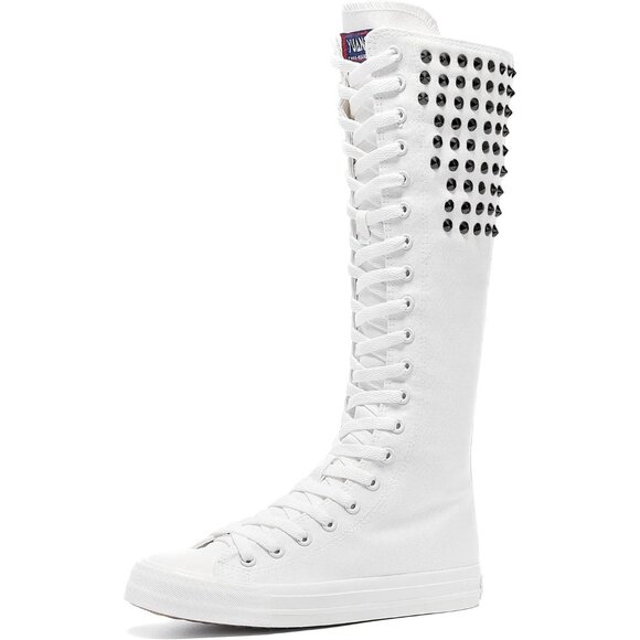 🆕Women & Girls White Canvas Long Rivet Knee High Canvas Boots Punk Style Boots - Picture 4 of 10